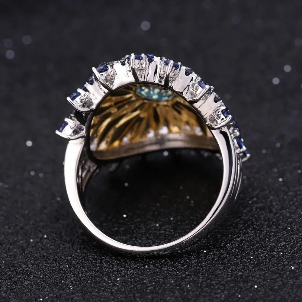 925 Sterling Silver Swiss Blue Topaz Sunflower Jewelry Set – 2.2Ct Ring & Earrings