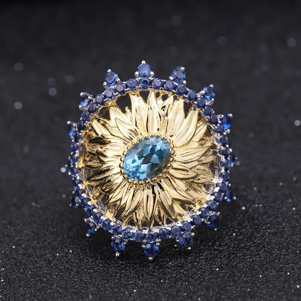 925 Sterling Silver Swiss Blue Topaz Sunflower Jewelry Set – 2.2Ct Ring & Earrings