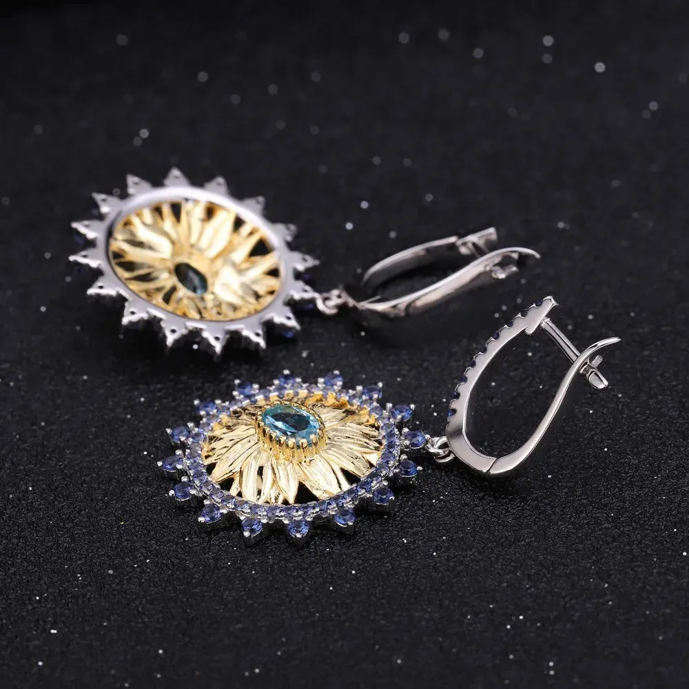 925 Sterling Silver Swiss Blue Topaz Sunflower Jewelry Set – 2.2Ct Ring & Earrings