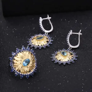925 Sterling Silver Swiss Blue Topaz Sunflower Jewelry Set – 2.2Ct Ring & Earrings