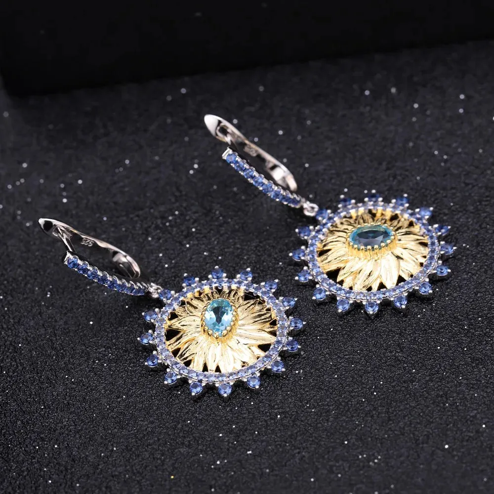 925 Sterling Silver Swiss Blue Topaz Sunflower Jewelry Set – 2.2Ct Ring & Earrings