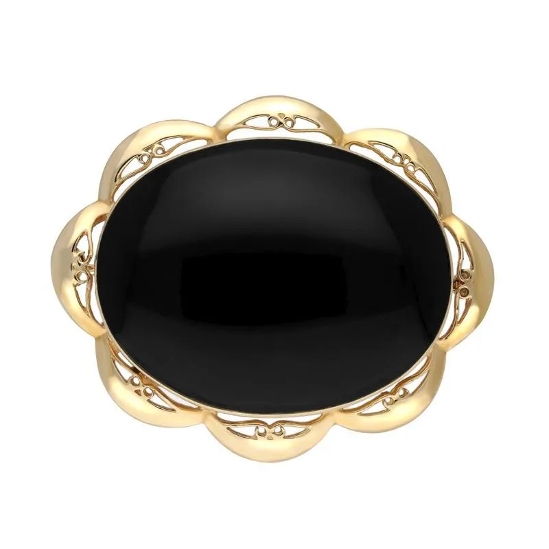 9ct Yellow Gold Whitby Jet Framed Frill Edge Oval Brooch