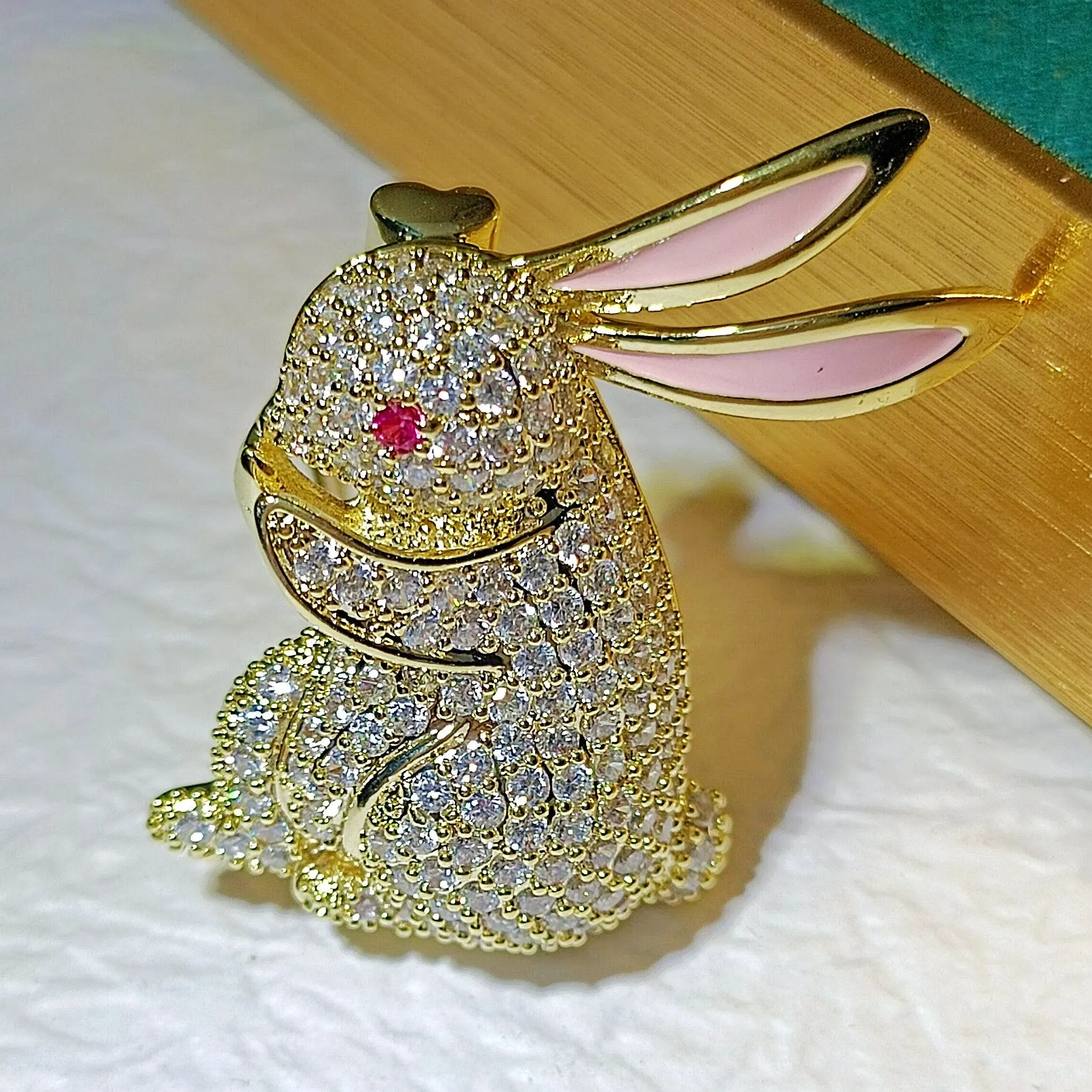 Adorable Sparkles Golden Bunny Rabbit Brooches Pins with Pink Eyes and Ears