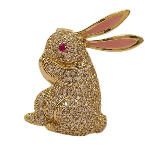 Adorable Sparkles Golden Bunny Rabbit Brooches Pins with Pink Eyes and Ears