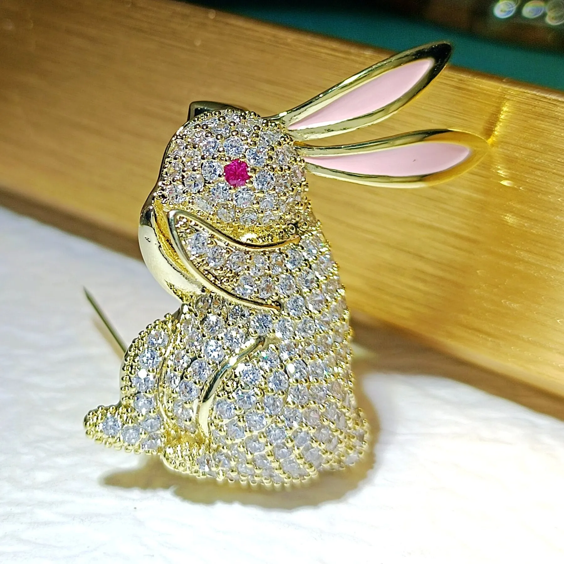 Adorable Sparkles Golden Bunny Rabbit Brooches Pins with Pink Eyes and Ears