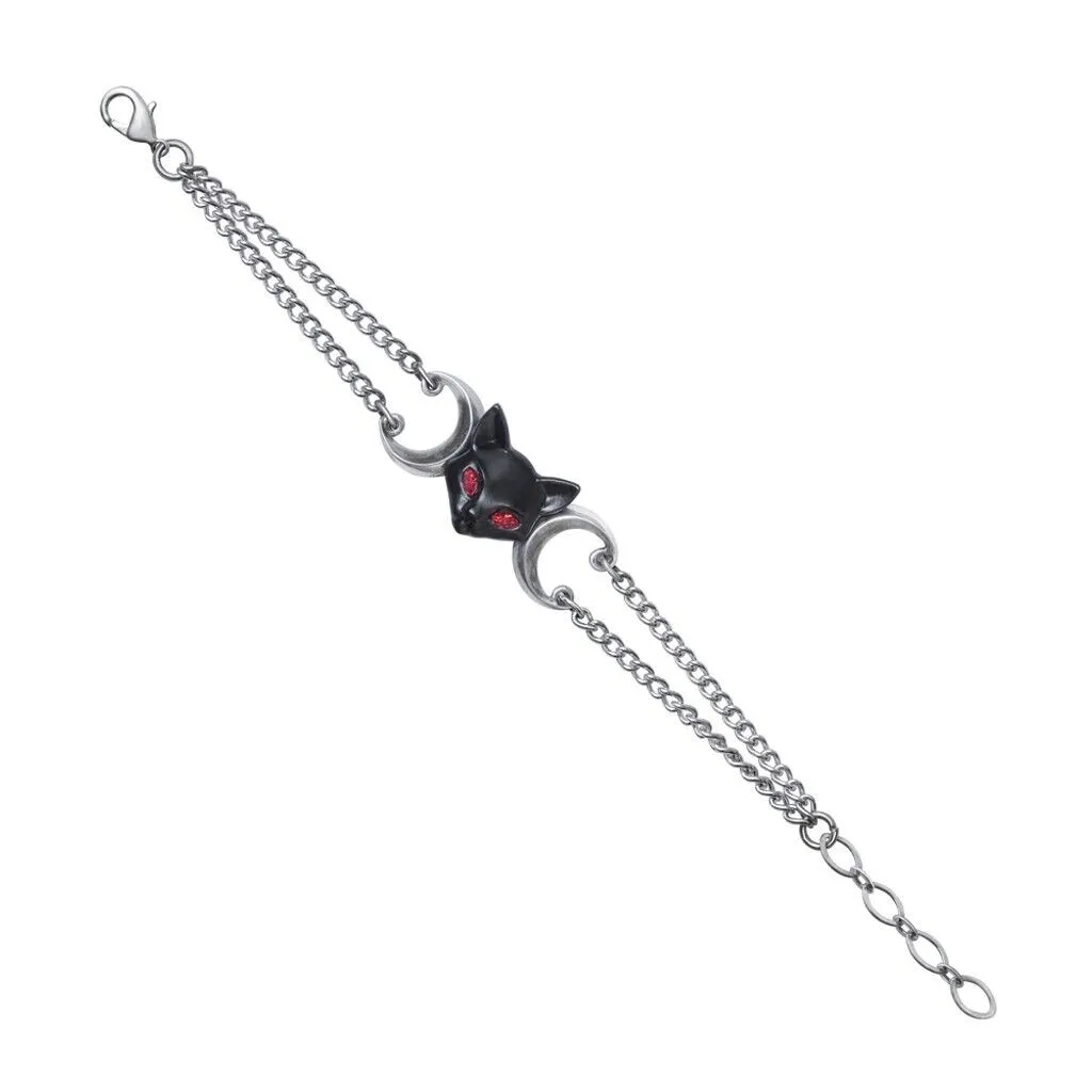 Alchemy Gothic A135 Worshipping Bastet Bracelet Black Cat Red Eyes Moon Chain