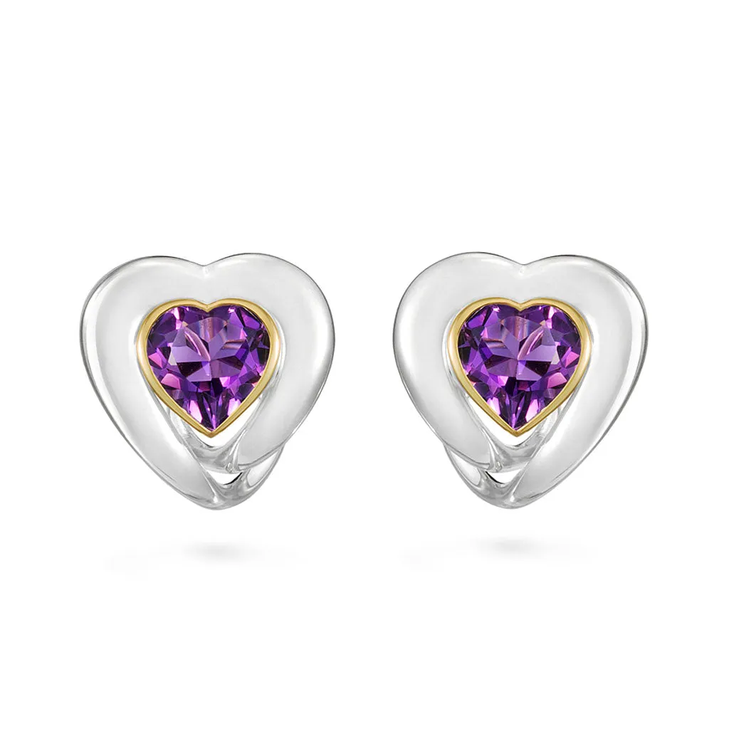 Amethyst Heart Earrings in Yellow Gold and Sterling Silver
