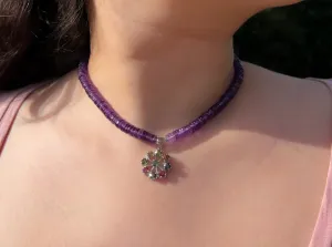Amethyst Heishi Necklace with Tourmaline Wheel