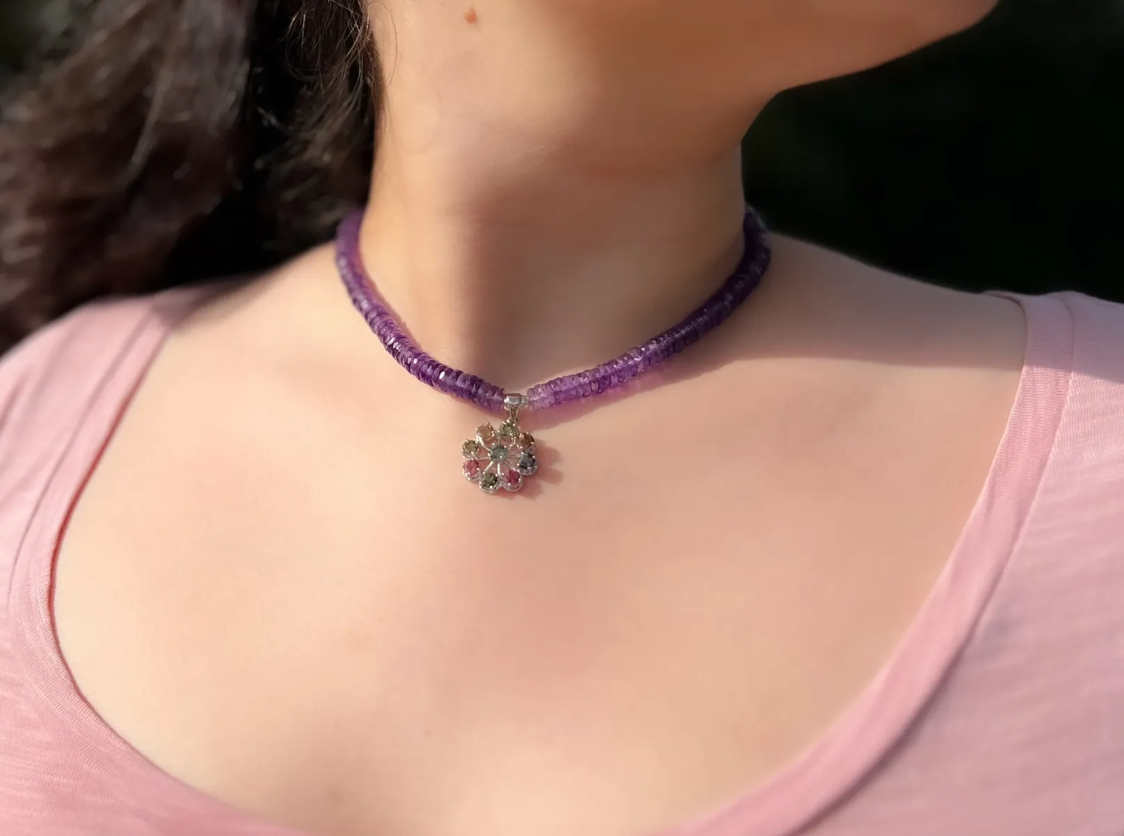 Amethyst Heishi Necklace with Tourmaline Wheel