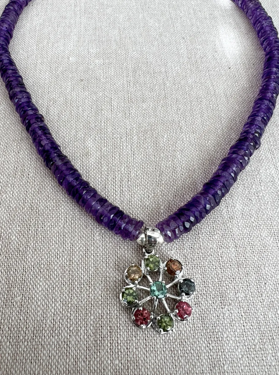 Amethyst Heishi Necklace with Tourmaline Wheel