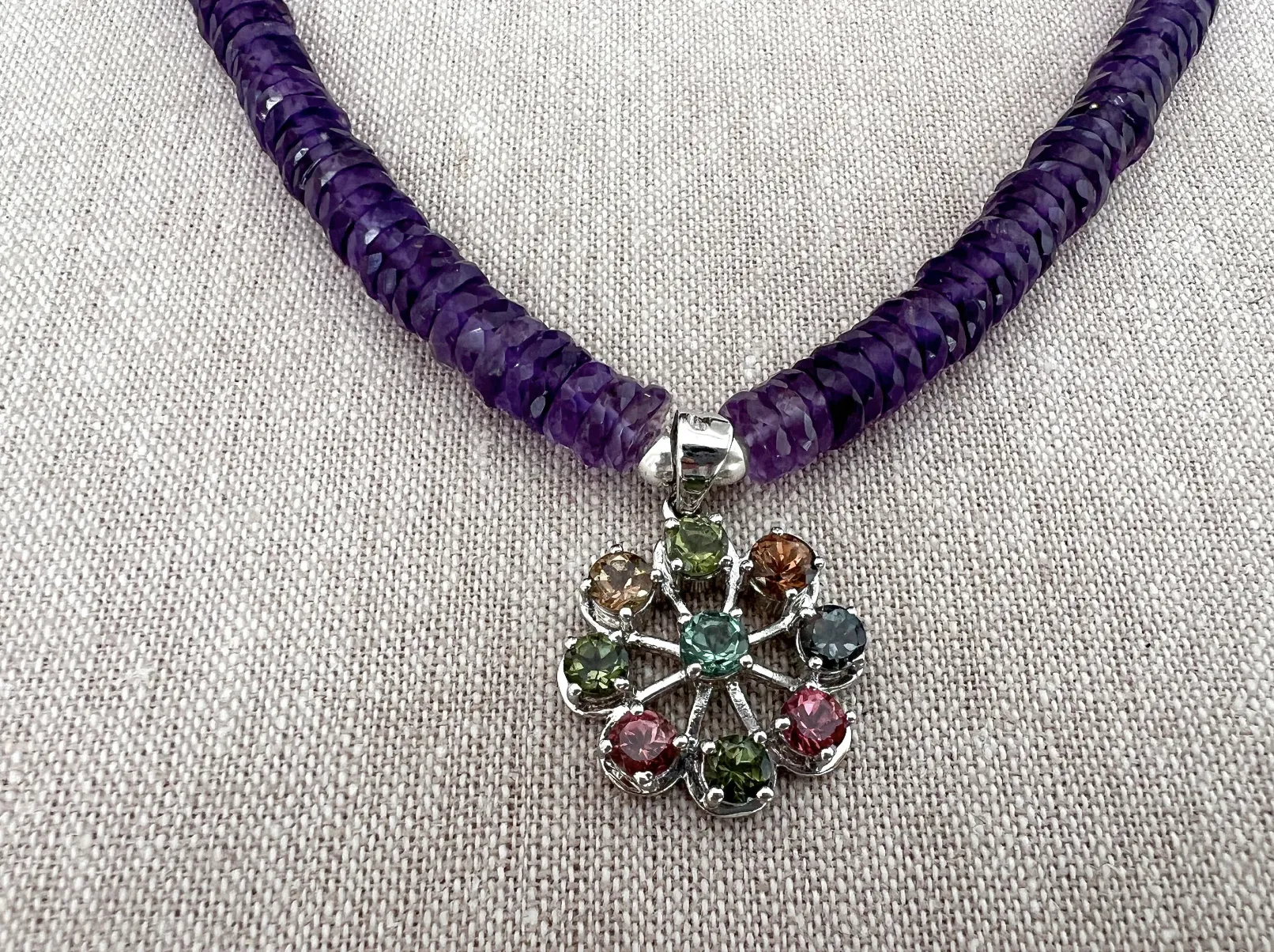 Amethyst Heishi Necklace with Tourmaline Wheel