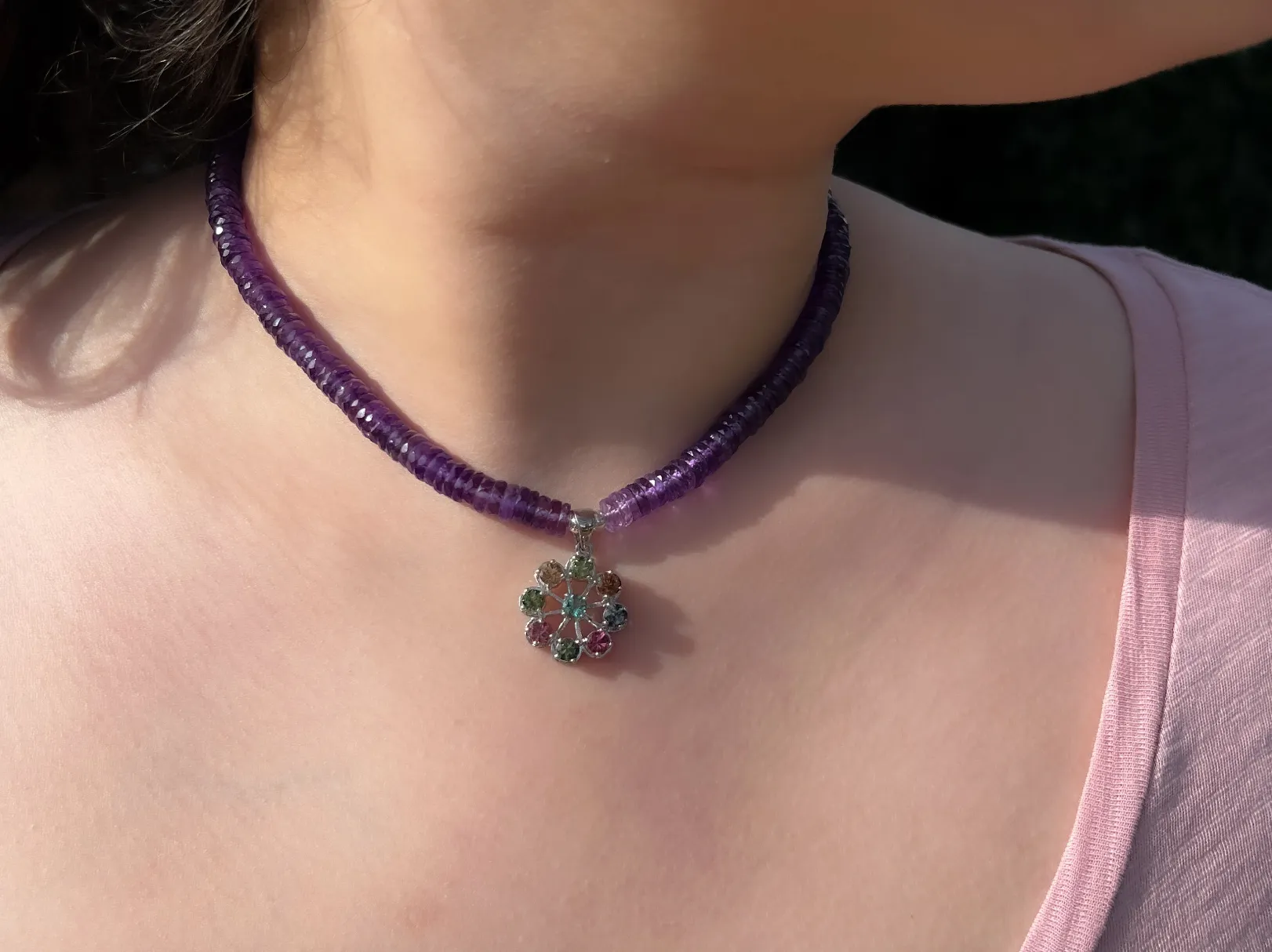 Amethyst Heishi Necklace with Tourmaline Wheel