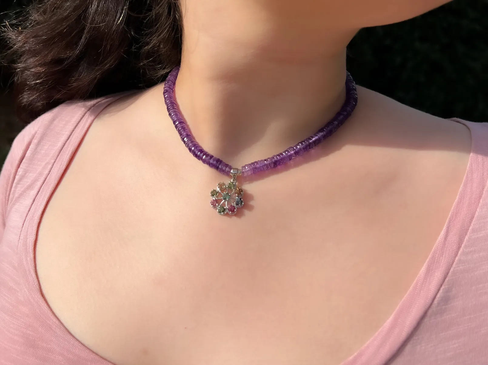 Amethyst Heishi Necklace with Tourmaline Wheel