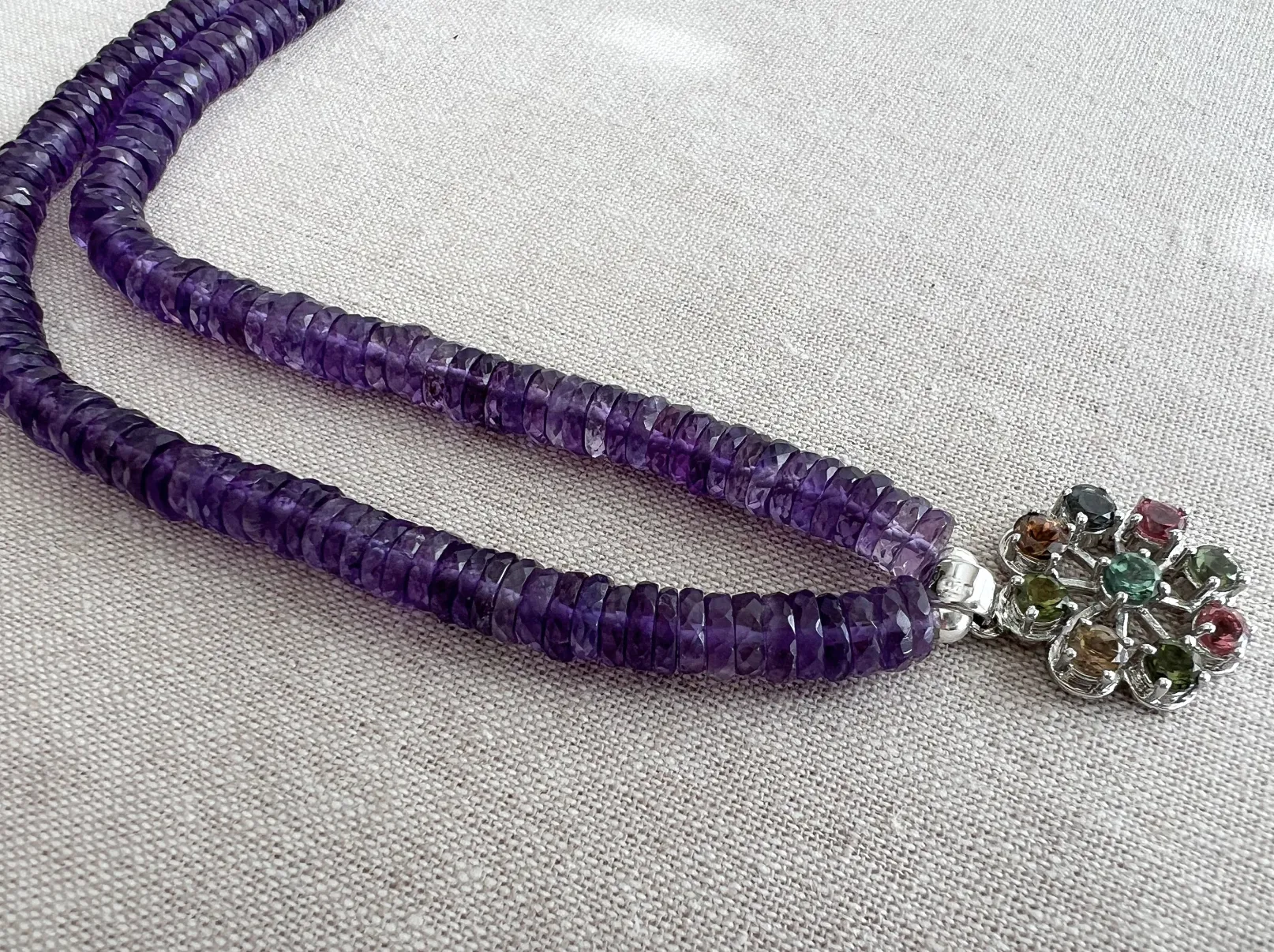 Amethyst Heishi Necklace with Tourmaline Wheel