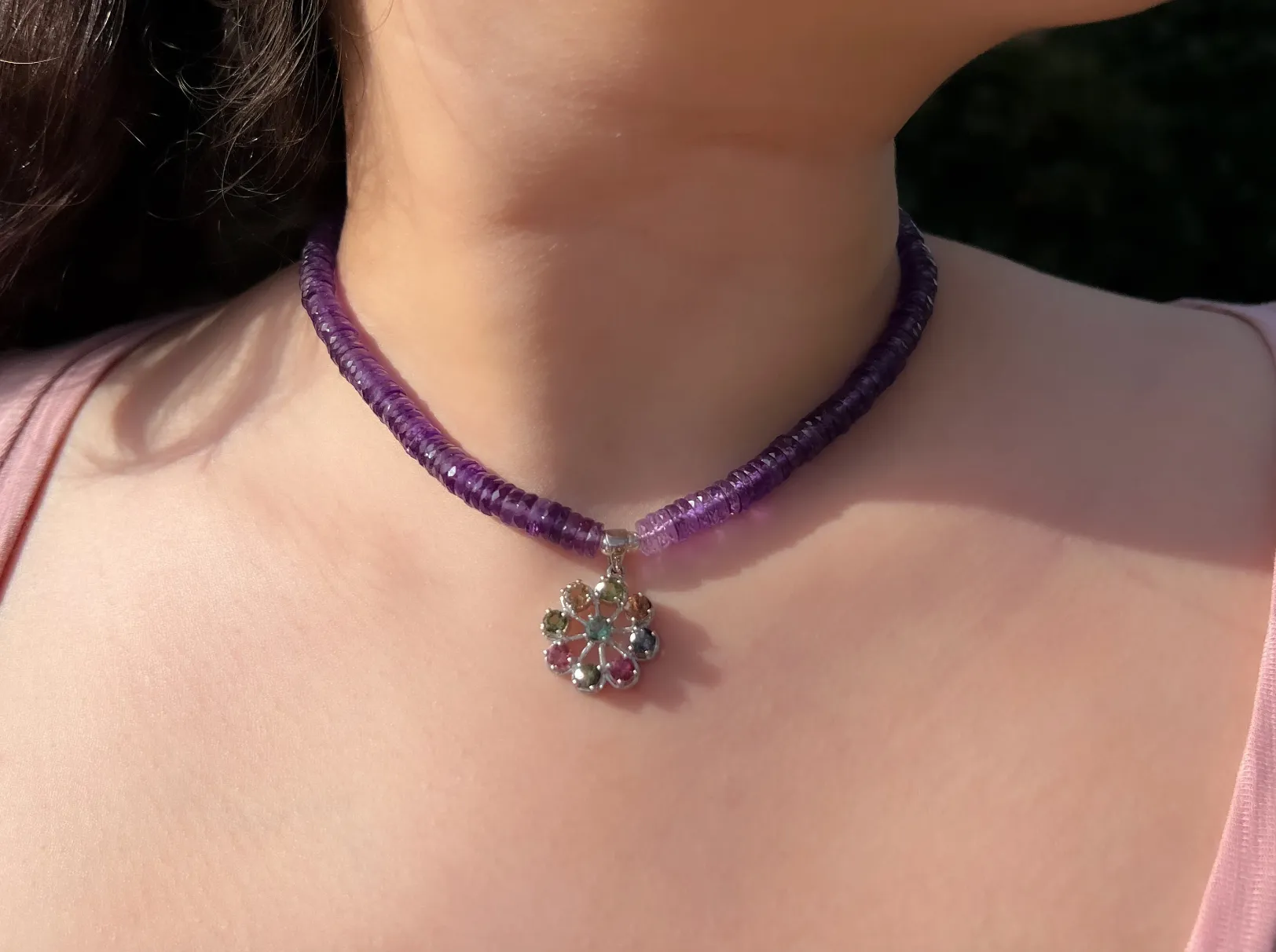 Amethyst Heishi Necklace with Tourmaline Wheel