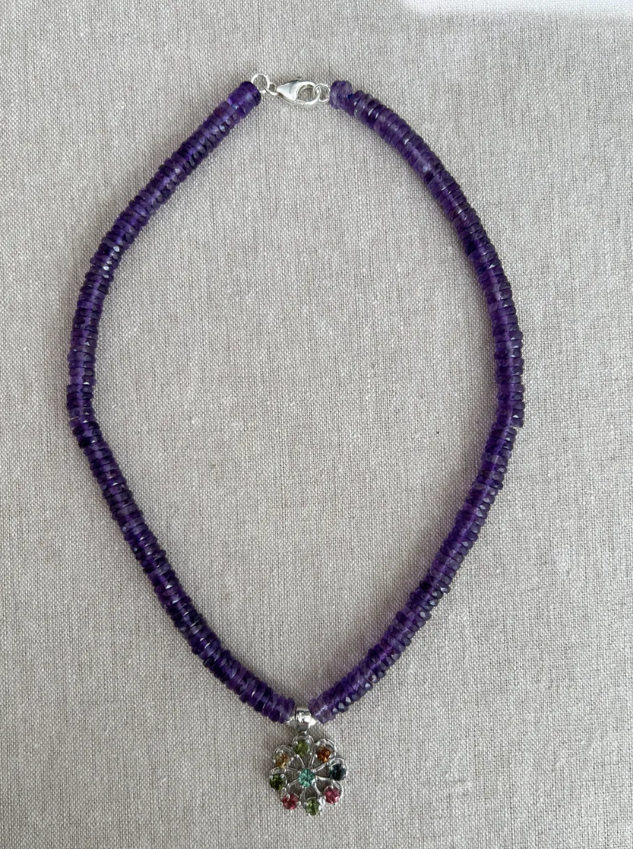 Amethyst Heishi Necklace with Tourmaline Wheel