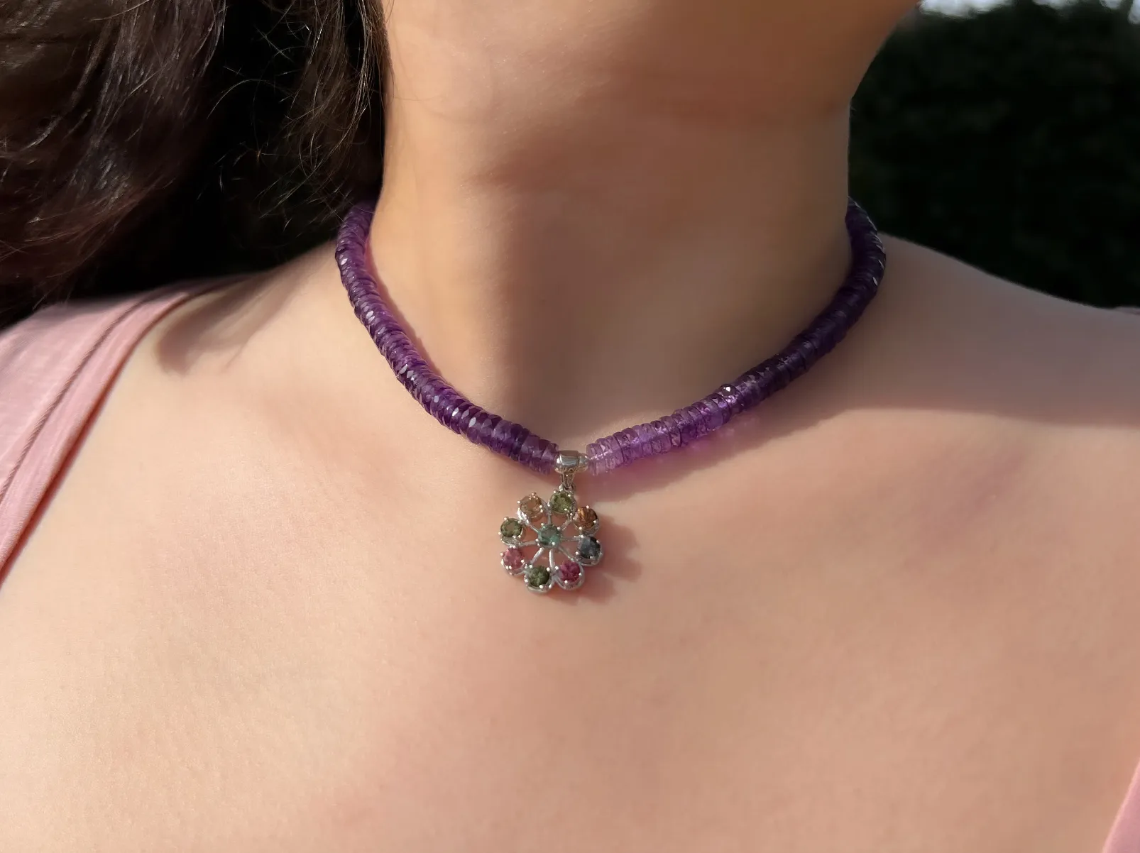 Amethyst Heishi Necklace with Tourmaline Wheel