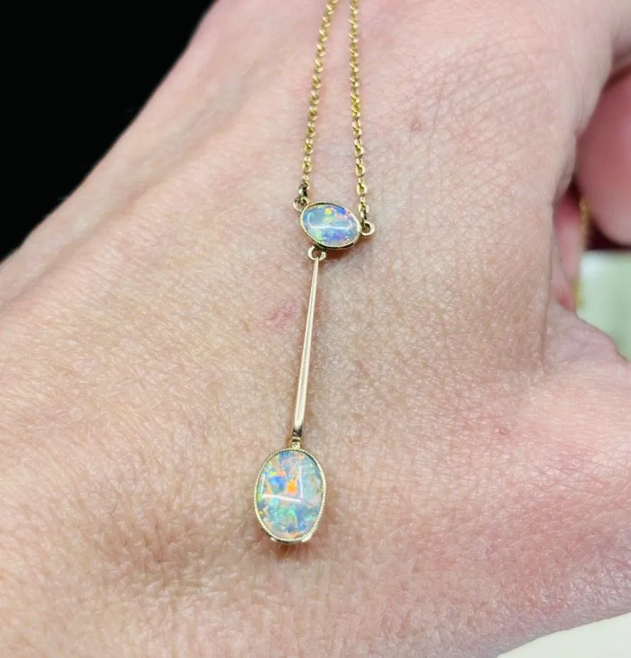 Antique Edwardian Lightning Ridge Solid Opal Pendant Necklace
