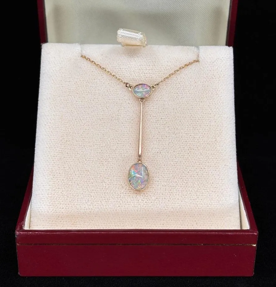 Antique Edwardian Lightning Ridge Solid Opal Pendant Necklace
