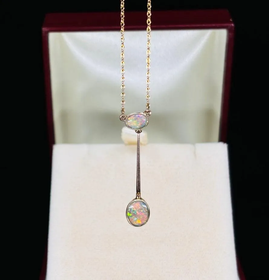 Antique Edwardian Lightning Ridge Solid Opal Pendant Necklace