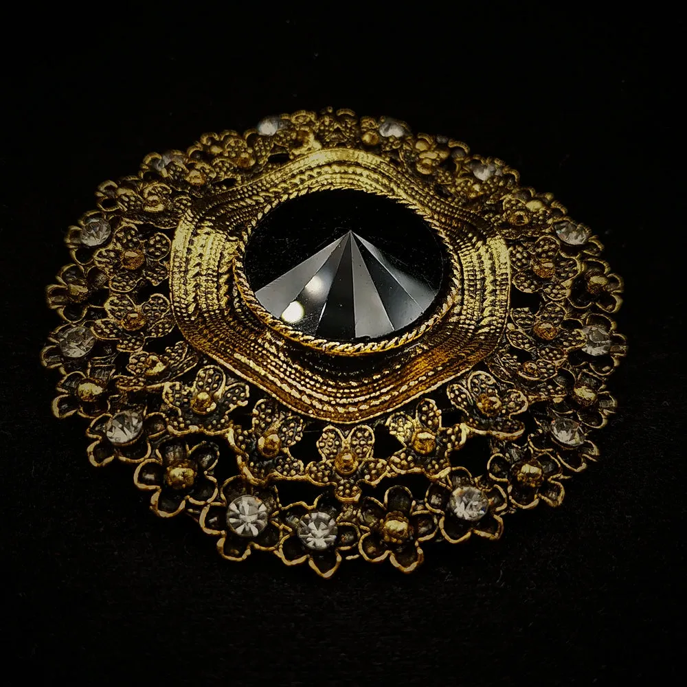 Antique Style Black Large Glass Stone Round Sash Brooch Pin Art Nouveau Jewelry