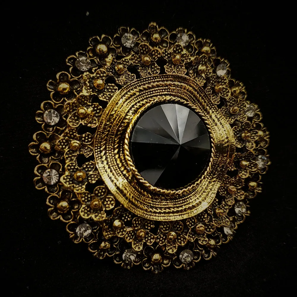 Antique Style Black Large Glass Stone Round Sash Brooch Pin Art Nouveau Jewelry