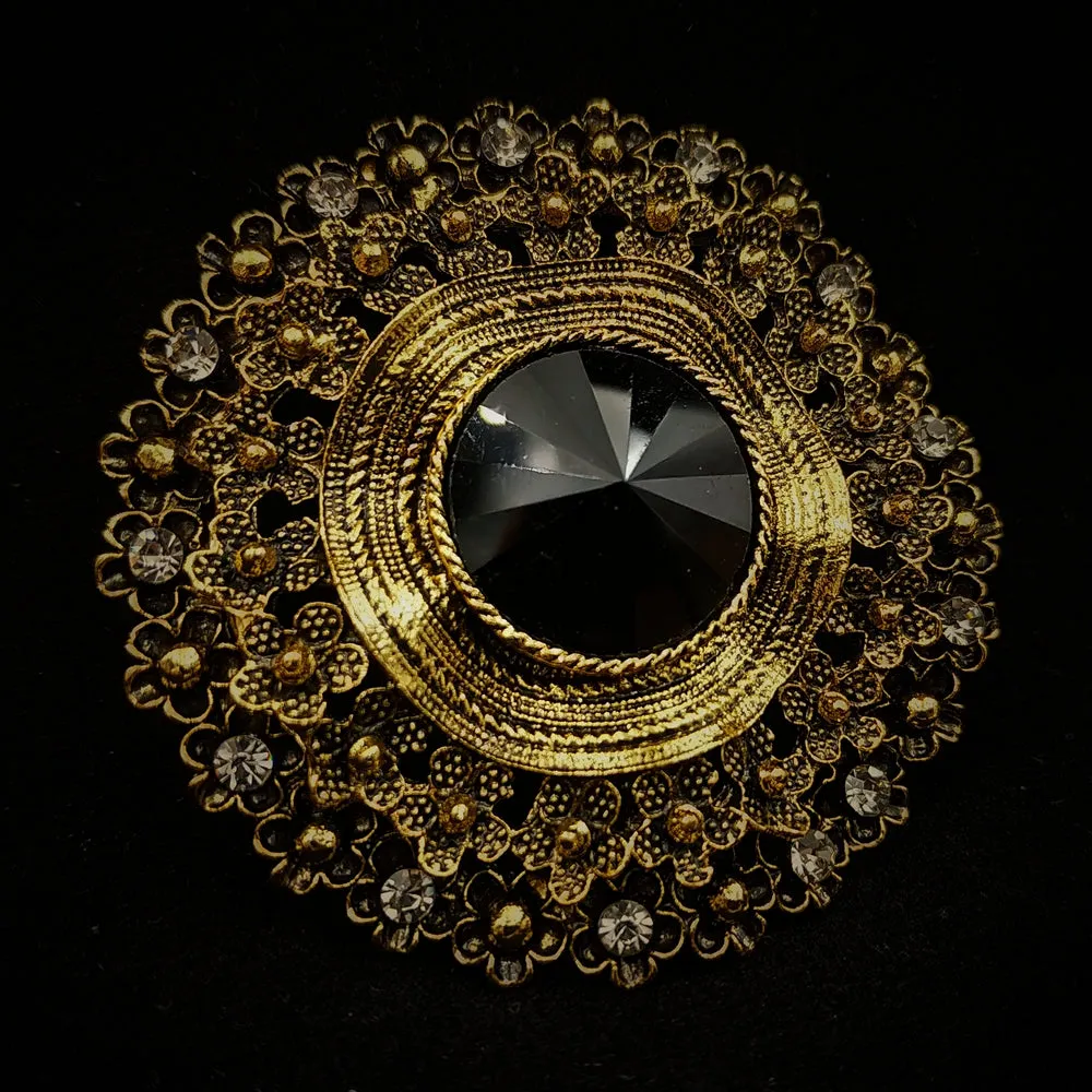 Antique Style Black Large Glass Stone Round Sash Brooch Pin Art Nouveau Jewelry