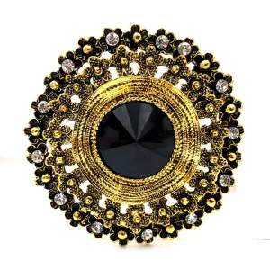 Antique Style Black Large Glass Stone Round Sash Brooch Pin Art Nouveau Jewelry