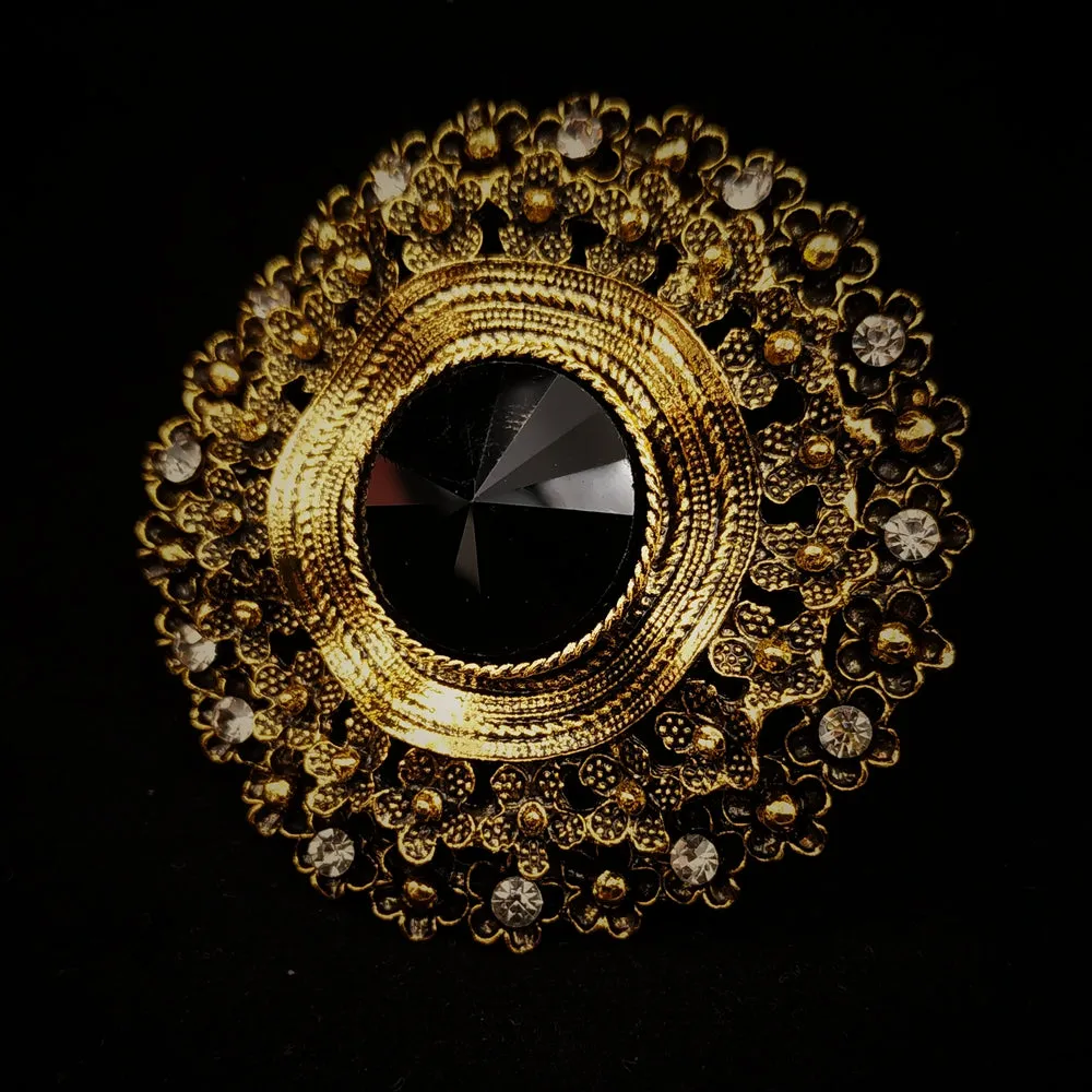 Antique Style Black Large Glass Stone Round Sash Brooch Pin Art Nouveau Jewelry