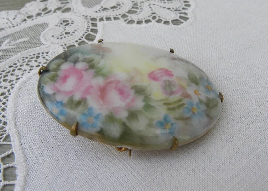 Antique Victorian Edwardian Hand Painted Pink Roses & Forget-Me-Nots Brooch