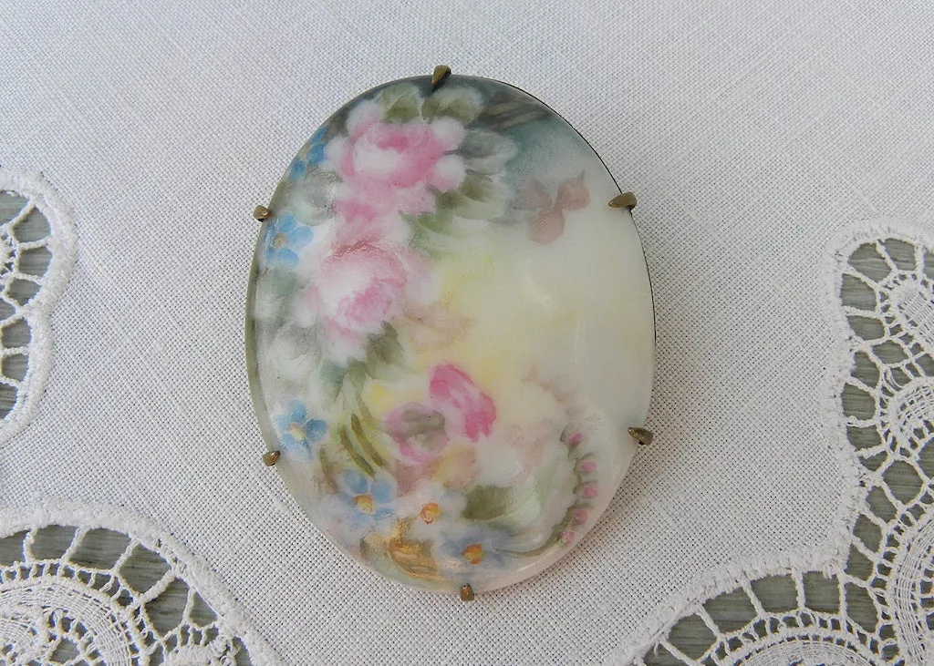 Antique Victorian Edwardian Hand Painted Pink Roses & Forget-Me-Nots Brooch