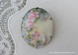 Antique Victorian Edwardian Hand Painted Pink Roses & Forget-Me-Nots Brooch
