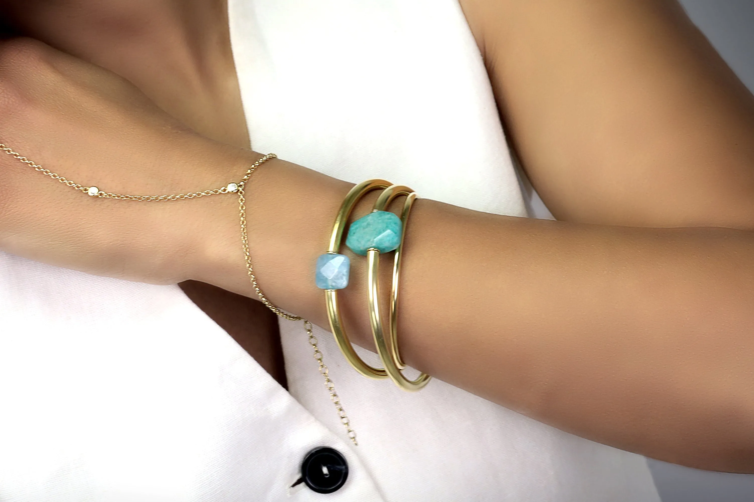Aqua Quartz Gold Tube Bracelet