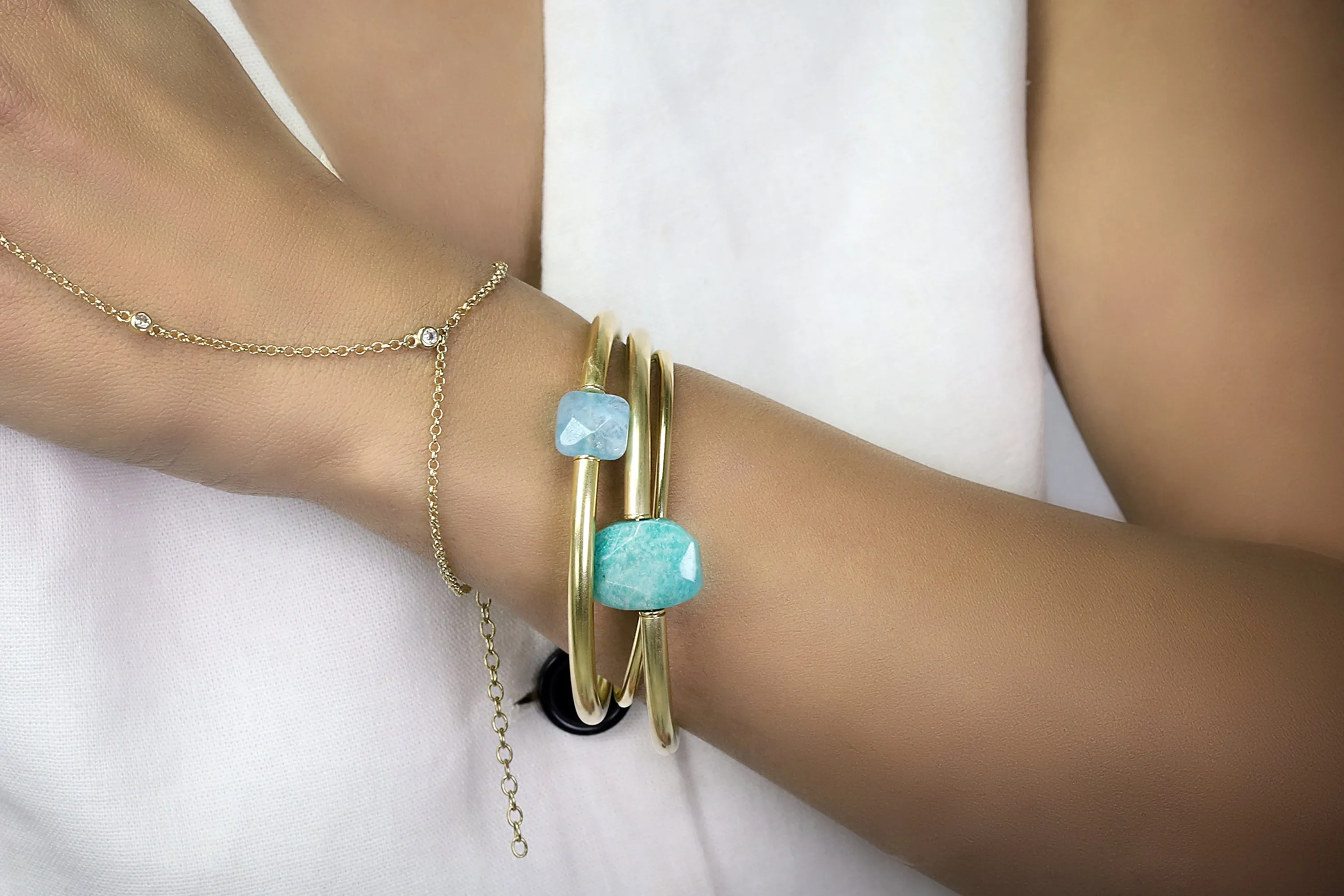 Aqua Quartz Gold Tube Bracelet