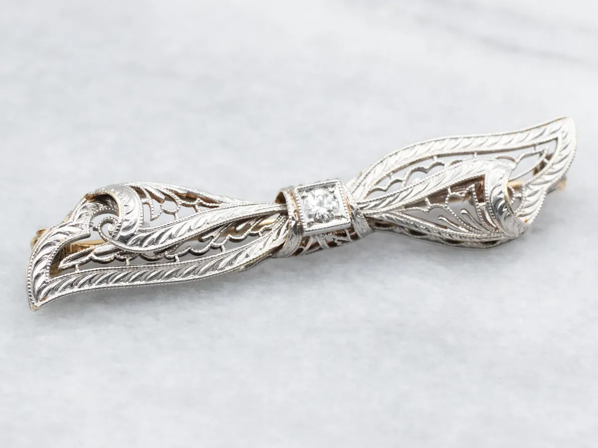 Art Deco European Cut Diamond Filigree Bow Pin