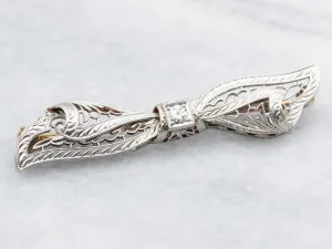 Art Deco European Cut Diamond Filigree Bow Pin