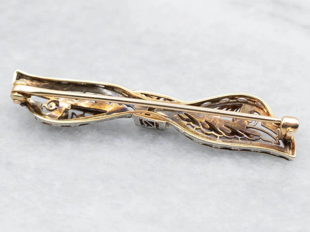 Art Deco European Cut Diamond Filigree Bow Pin