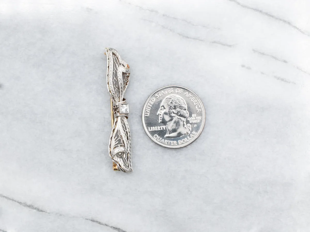 Art Deco European Cut Diamond Filigree Bow Pin