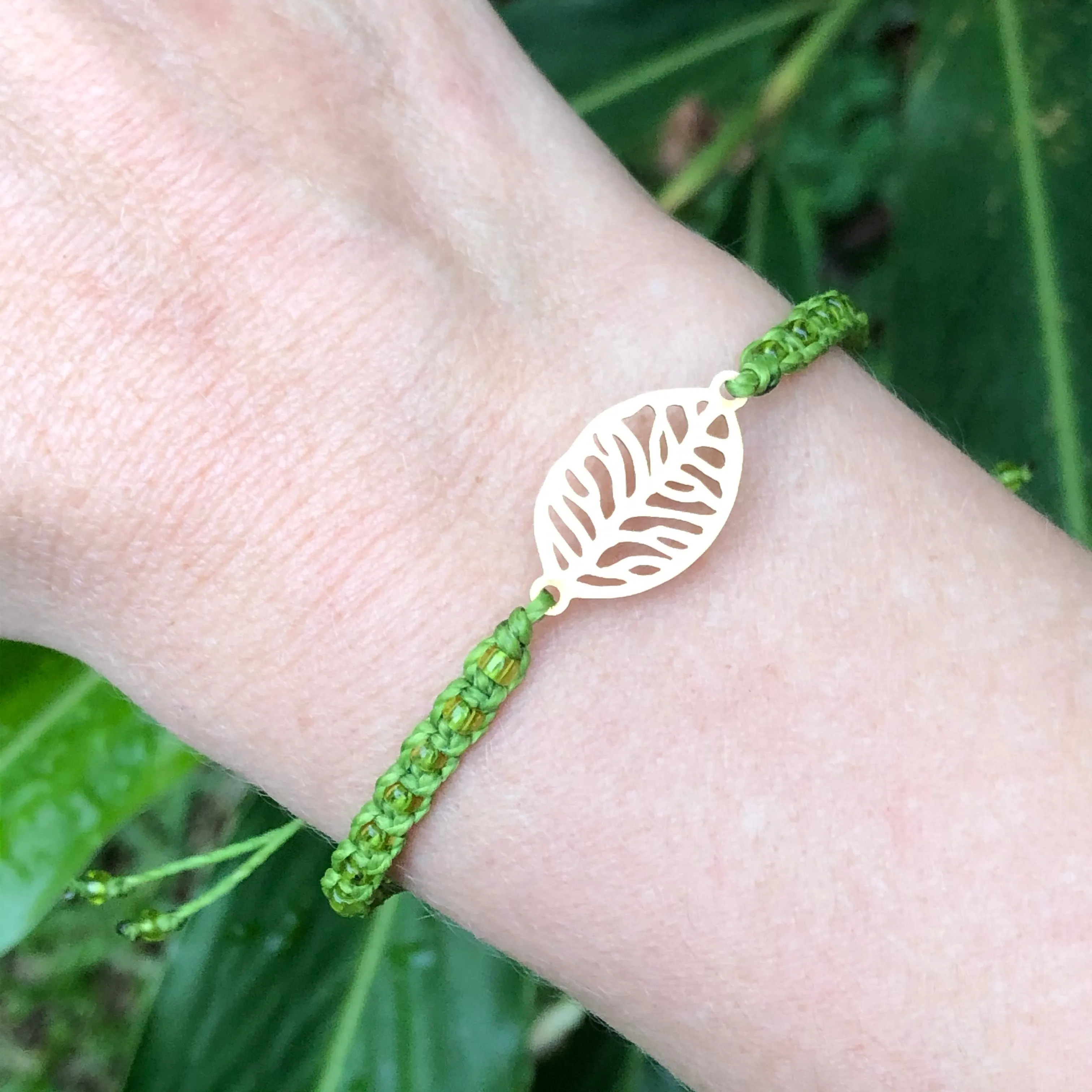 Beaded Macrame Bracelet with Gold Leaf