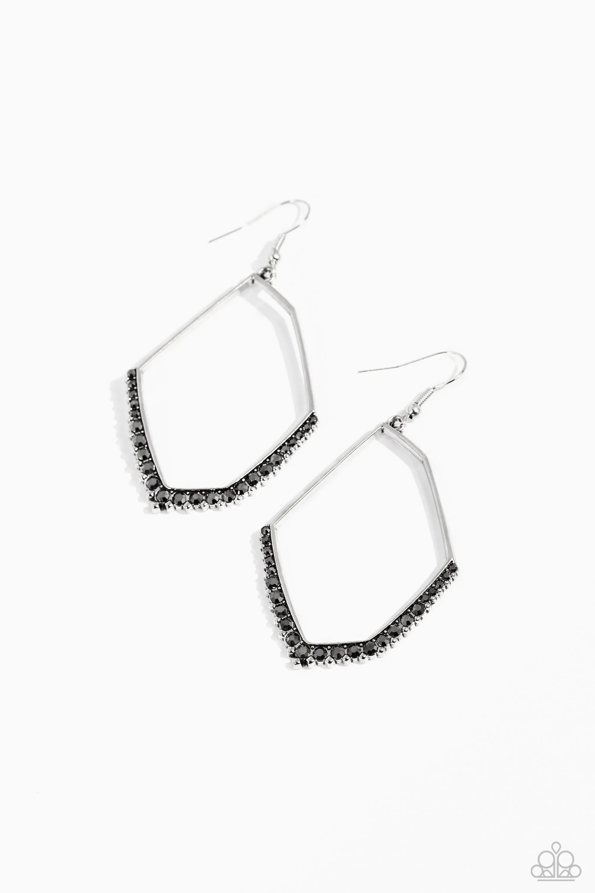 Bent on Success - Silver - Hematite Rhinestone Asymmetrical Frame Paparazzi Fishhook Earrings