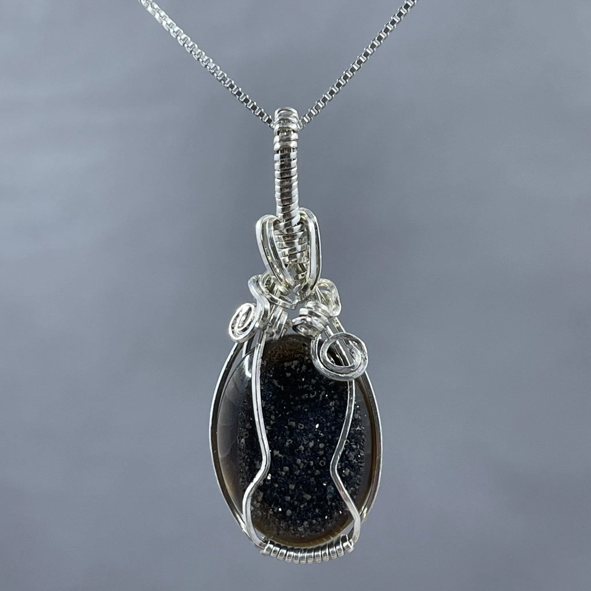 Black Agate Druzy Wire Wrap Pendant