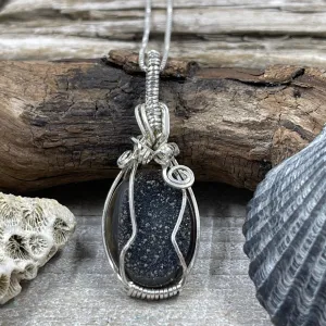 Black Agate Druzy Wire Wrap Pendant