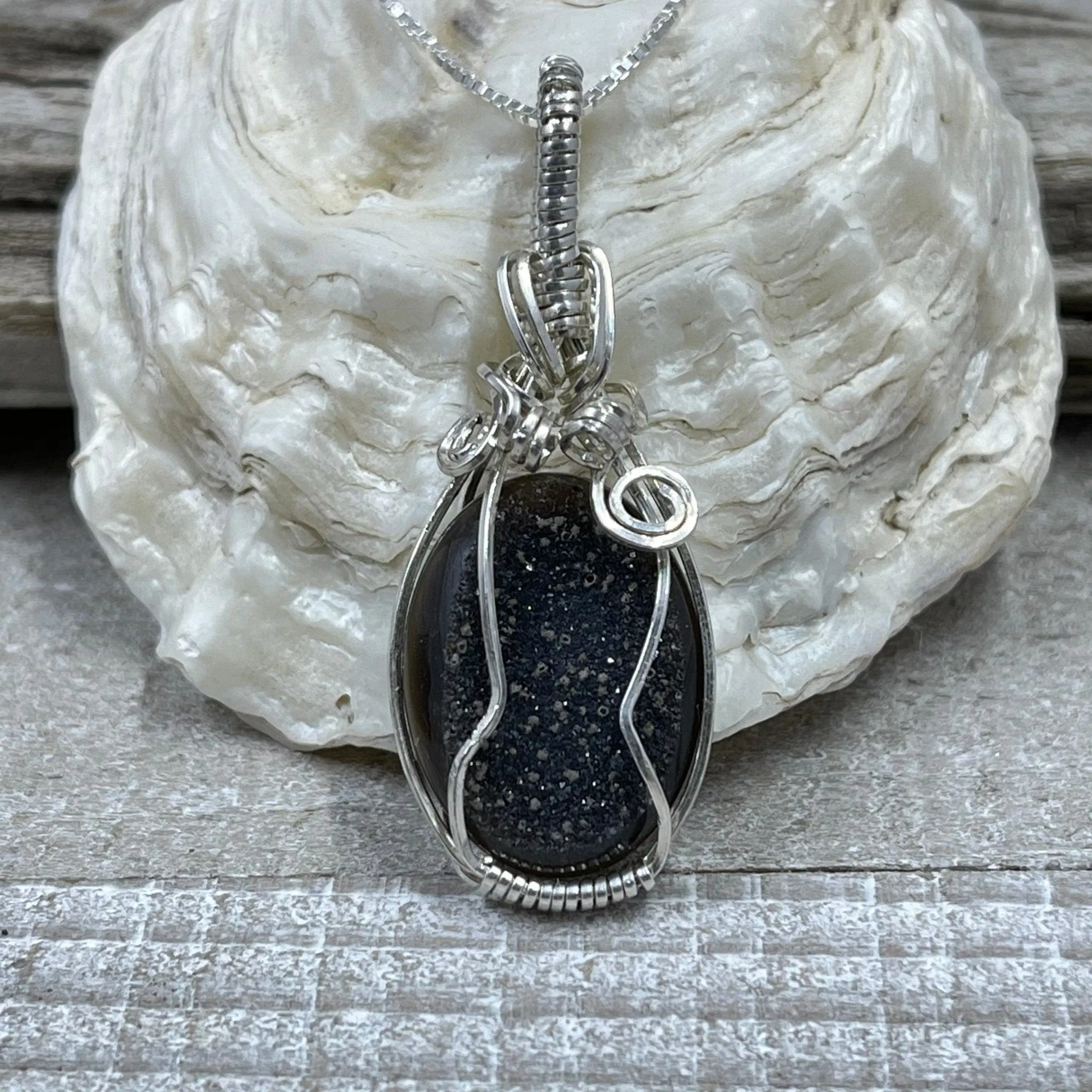 Black Agate Druzy Wire Wrap Pendant