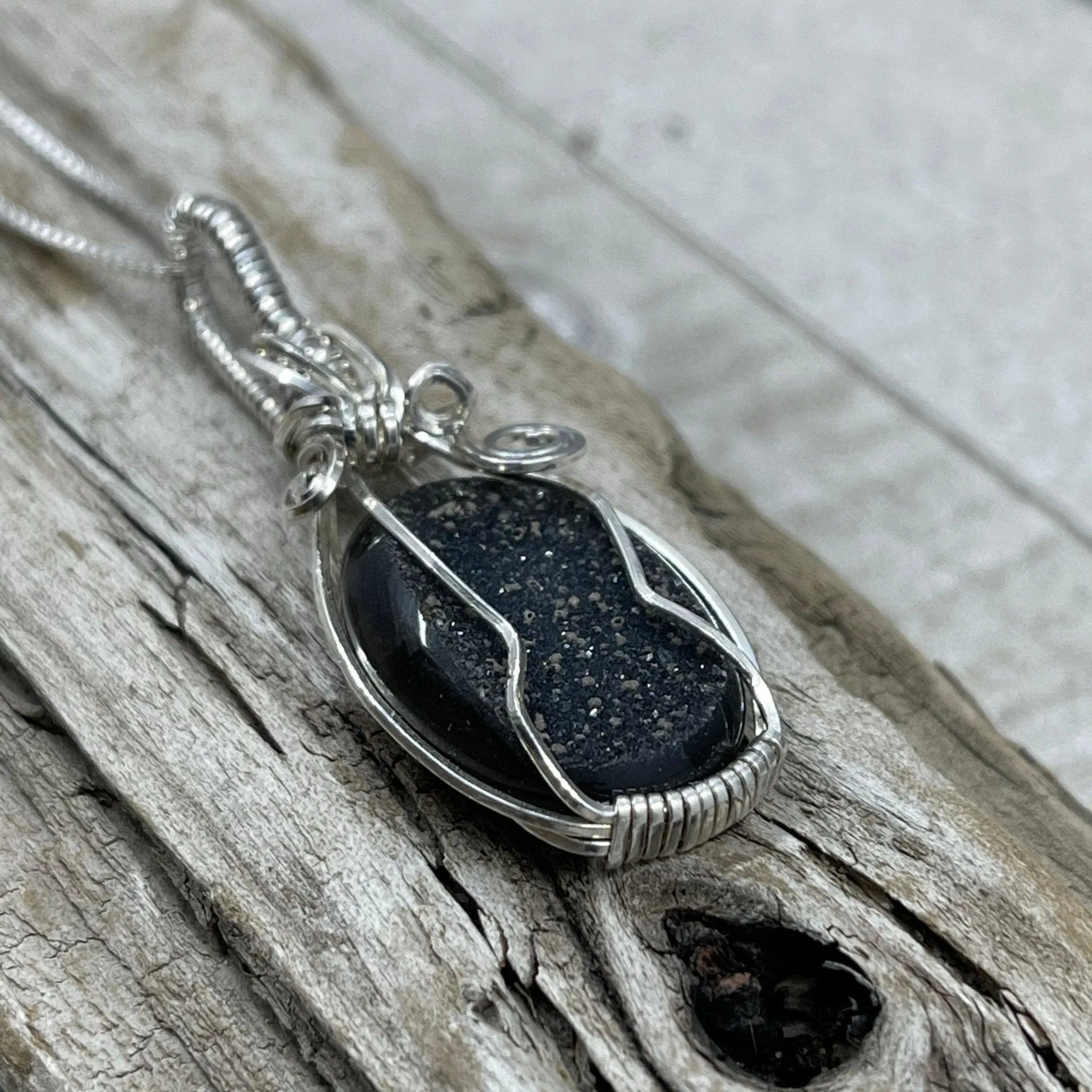 Black Agate Druzy Wire Wrap Pendant