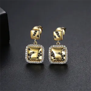 Black Cubic Zirconia & 18K Gold-Plated Halo Square Drop Earrings