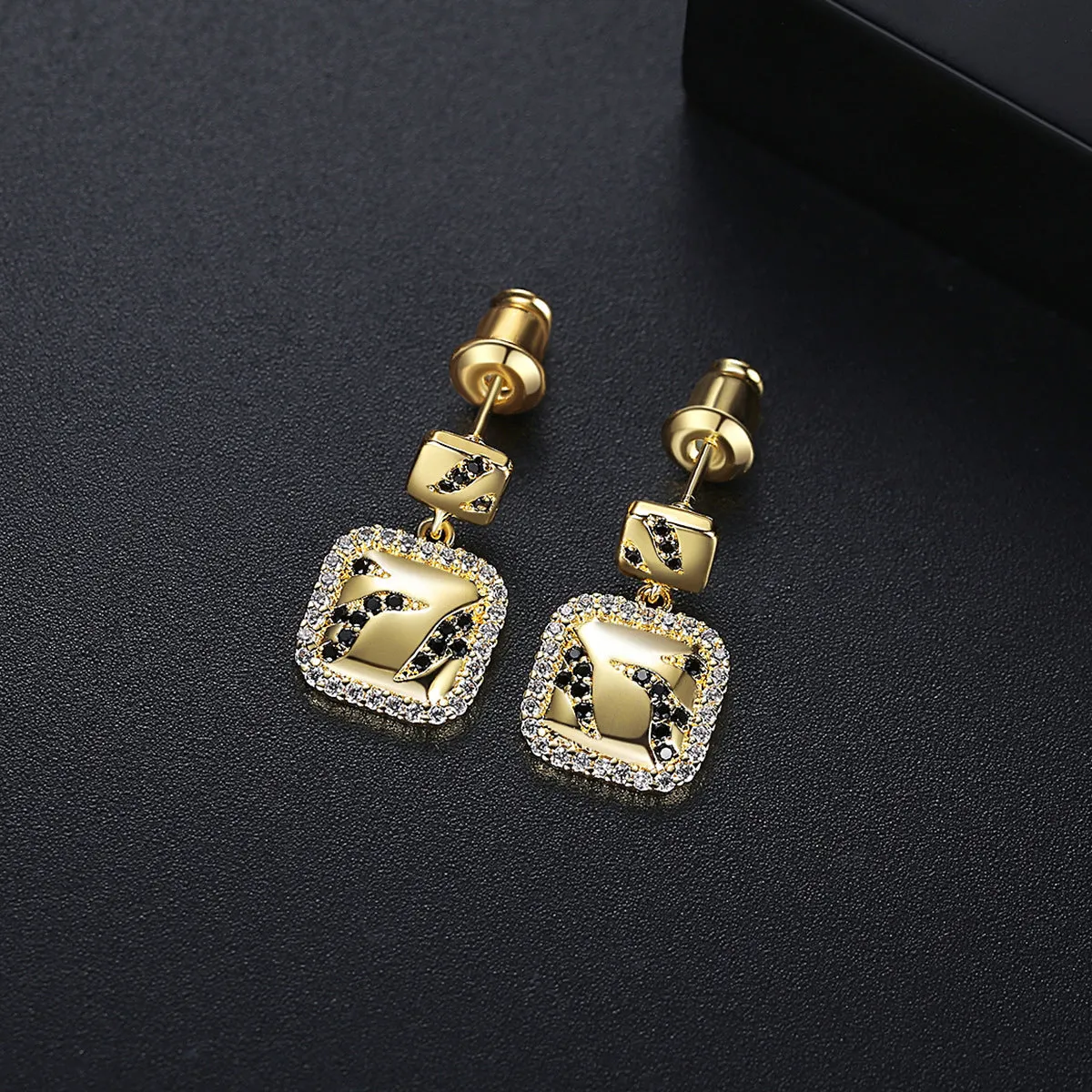 Black Cubic Zirconia & 18K Gold-Plated Halo Square Drop Earrings