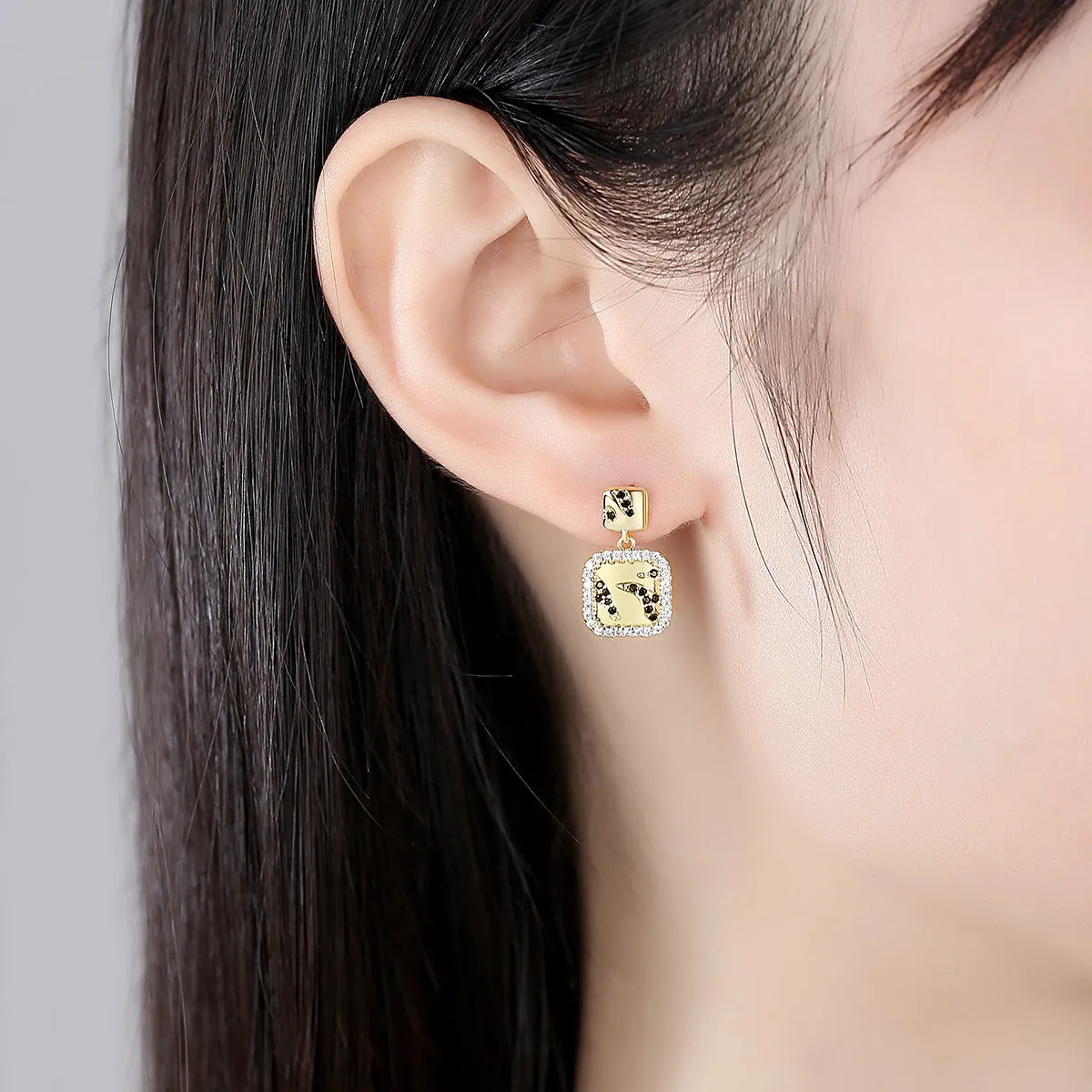 Black Cubic Zirconia & 18K Gold-Plated Halo Square Drop Earrings