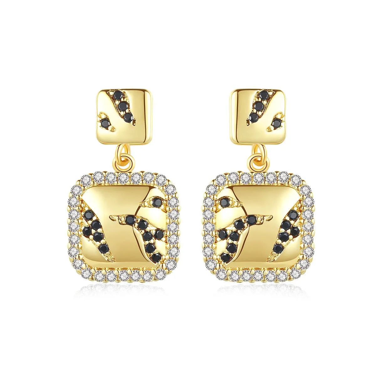 Black Cubic Zirconia & 18K Gold-Plated Halo Square Drop Earrings