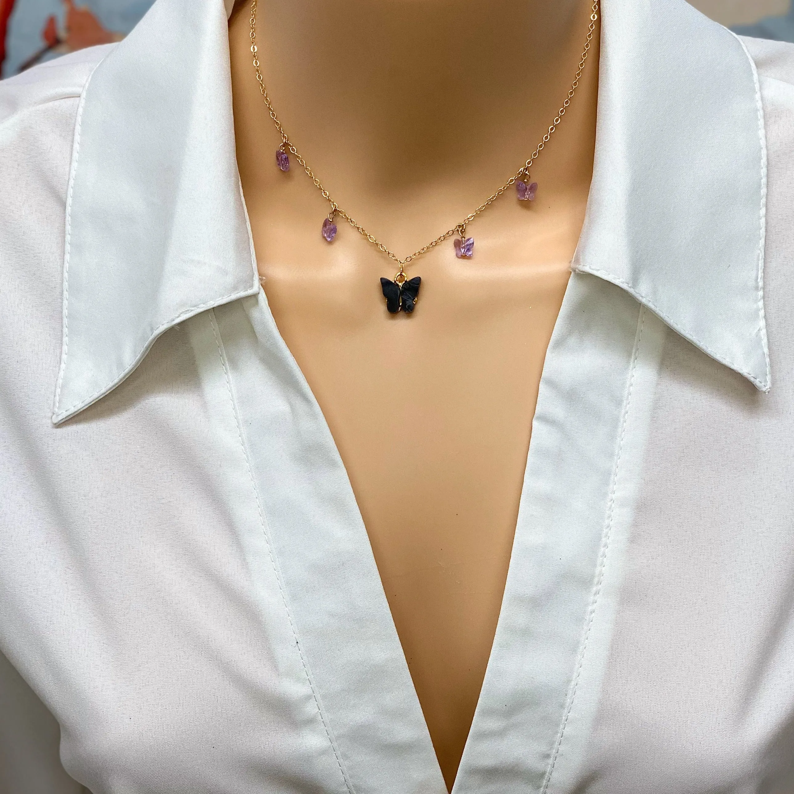 Black Lavender Butterfly Choker 14K Gold Necklace