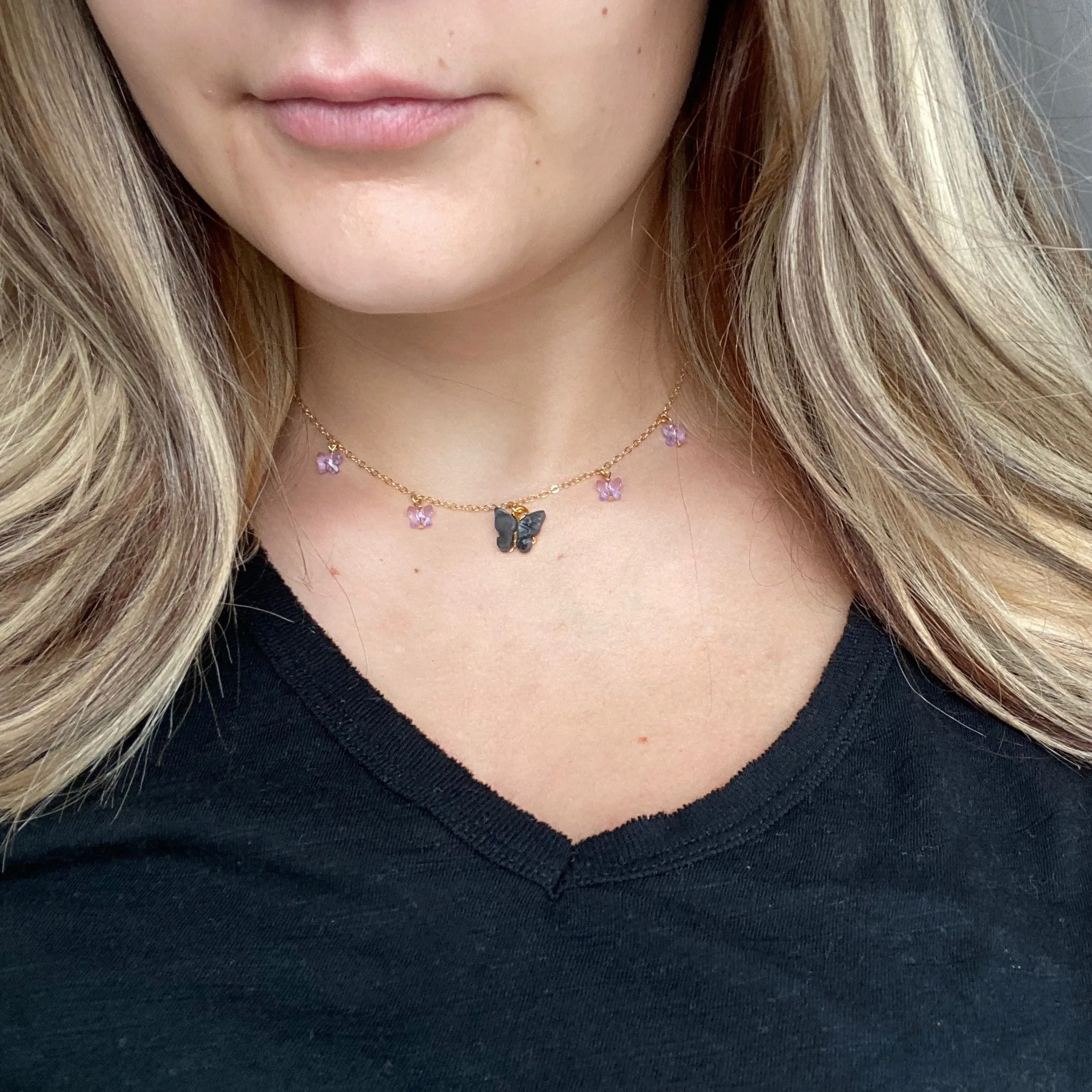Black Lavender Butterfly Choker 14K Gold Necklace